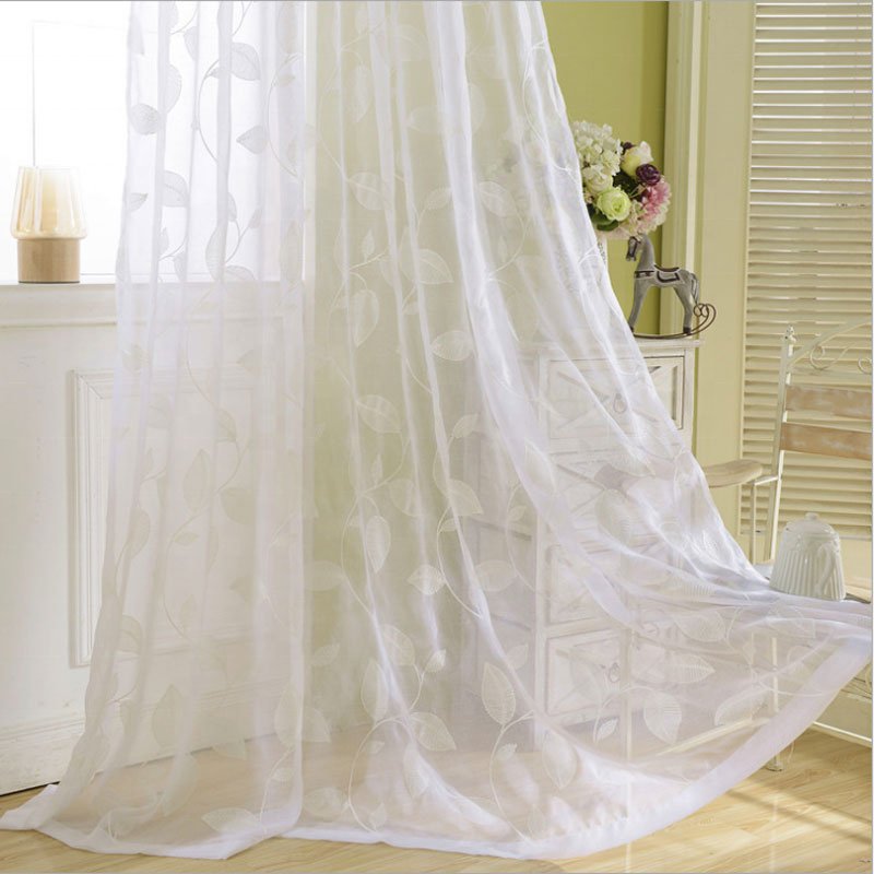White Cheap Curtains Finished Leaf Embroidered Curtains Sheer