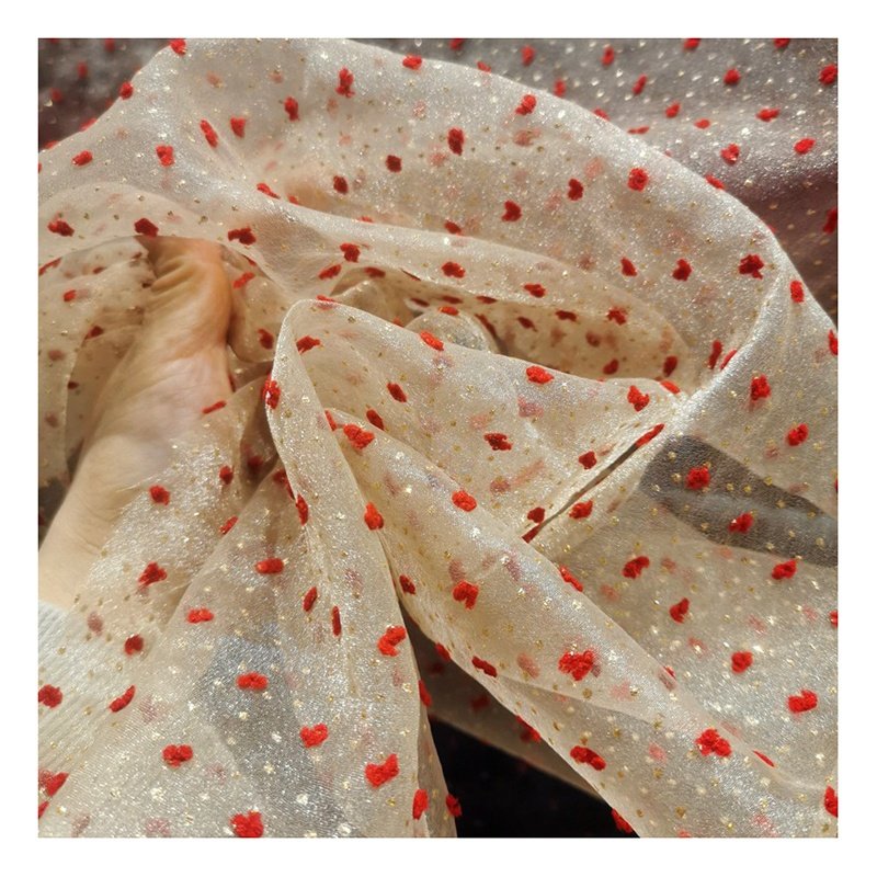 Red Wine Swiss Dot Jacquard Bubble Seersucker Organza Fabric with Golden Sparkle Design Prom Dress Fabric