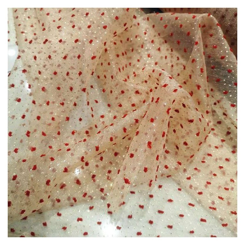 Red Wine Swiss Dot Jacquard Bubble Seersucker Organza Fabric with Golden Sparkle Design Prom Dress Fabric