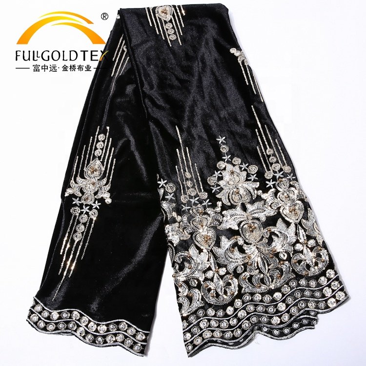 Hejin Custom Luxury Polyester Spandex Fabric Knitted Italy Sequin Dubai Gold Beaded Embroidery Velvet Fabric for Clothing