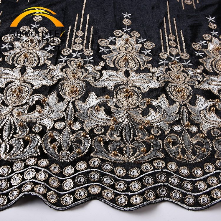 Hejin Custom Luxury Polyester Spandex Fabric Knitted Italy Sequin Dubai Gold Beaded Embroidery Velvet Fabric for Clothing