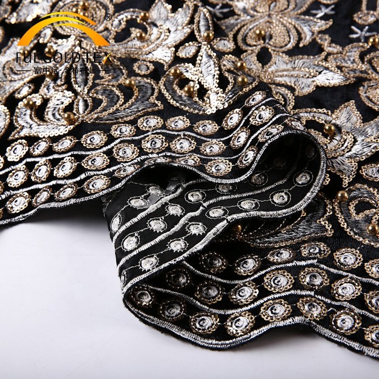 Hejin Custom Luxury Polyester Spandex Fabric Knitted Italy Sequin Dubai Gold Beaded Embroidery Velvet Fabric for Clothing