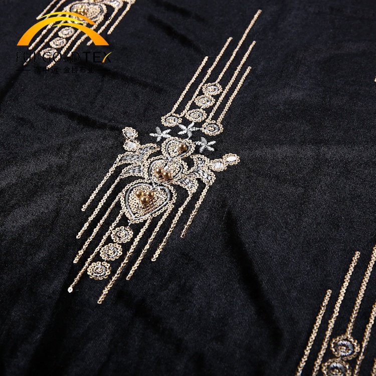 Hejin Custom Luxury Polyester Spandex Fabric Knitted Italy Sequin Dubai Gold Beaded Embroidery Velvet Fabric for Clothing