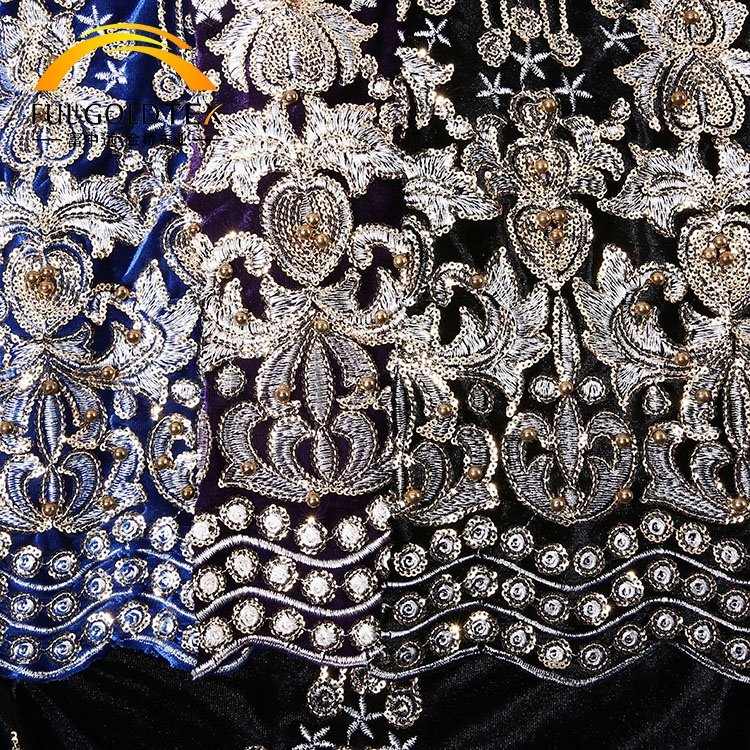 Hejin Custom Luxury Polyester Spandex Fabric Knitted Italy Sequin Dubai Gold Beaded Embroidery Velvet Fabric for Clothing