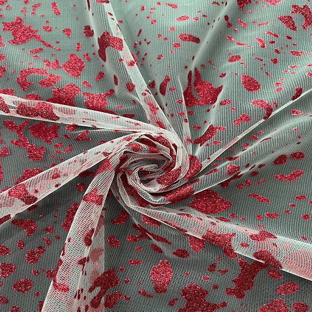 100% Polyester Tulle Fabric Red Irregular Glitter Sequined Fabric For Bridal Wedding Dress