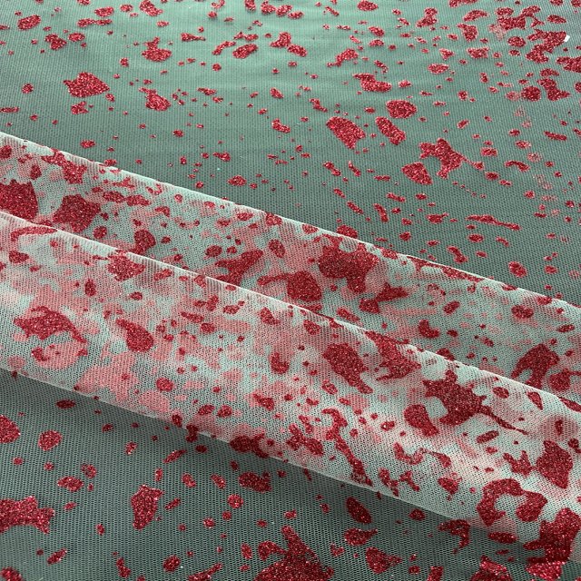100% Polyester Tulle Fabric Red Irregular Glitter Sequined Fabric For Bridal Wedding Dress