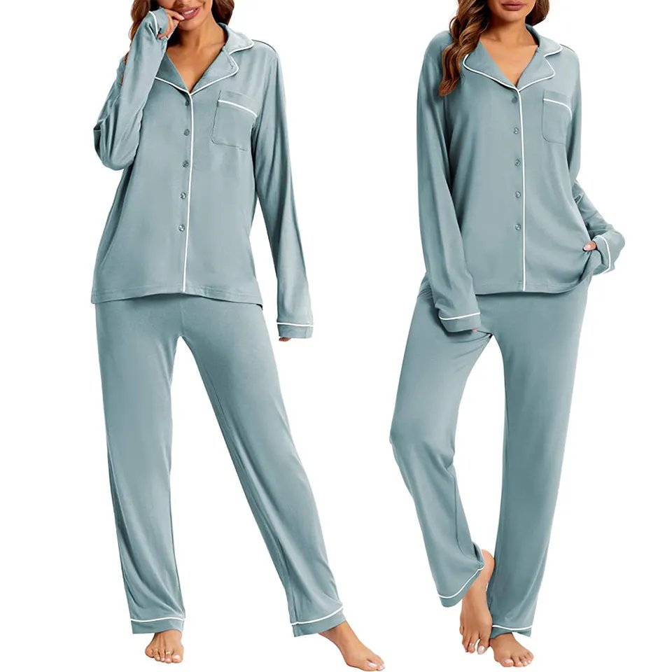 Women's Bamboo Pajamas Soft Notch Collar Long Sleeve Bamboo Sleepwear Button Down Sets For Women