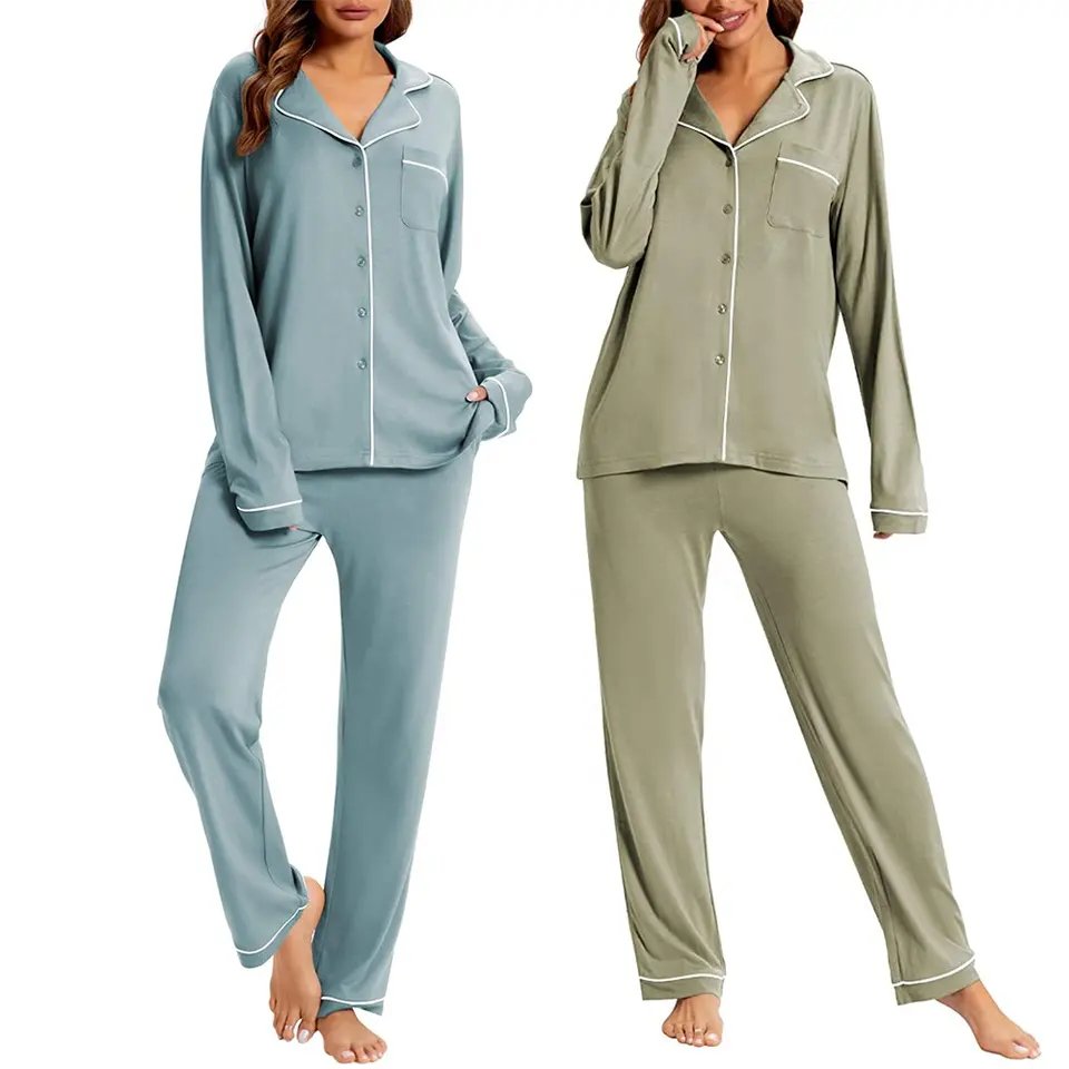 Women's Bamboo Pajamas Soft Notch Collar Long Sleeve Bamboo Sleepwear Button Down Sets For Women