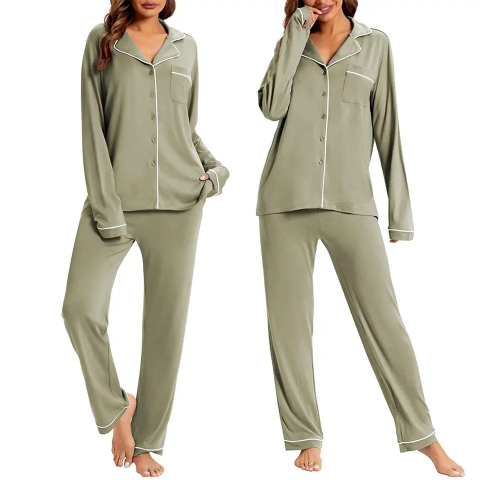Women's Bamboo Pajamas Soft Notch Collar Long Sleeve Bamboo Sleepwear Button Down Sets For Women
