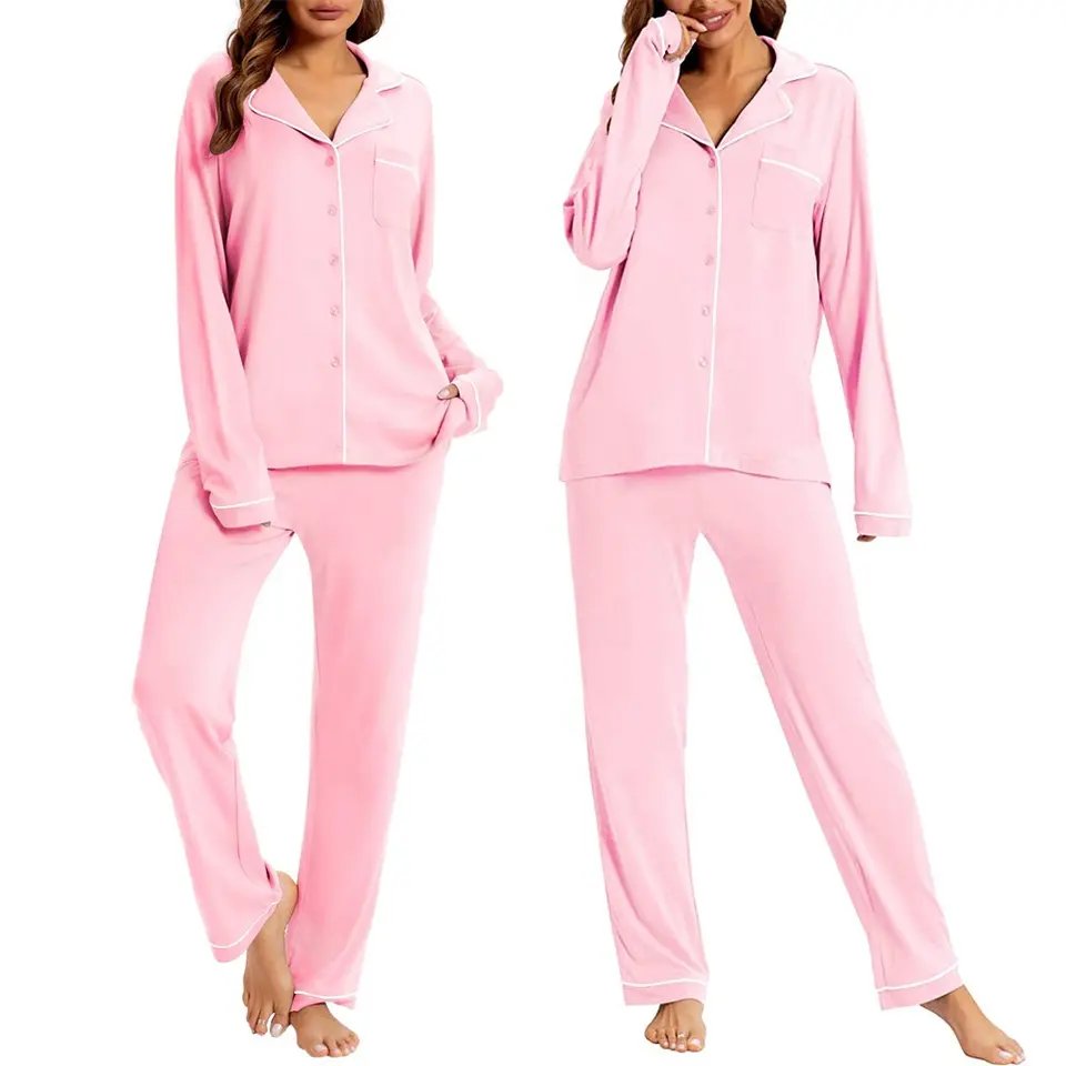 Women's Bamboo Pajamas Soft Notch Collar Long Sleeve Bamboo Sleepwear Button Down Sets For Women