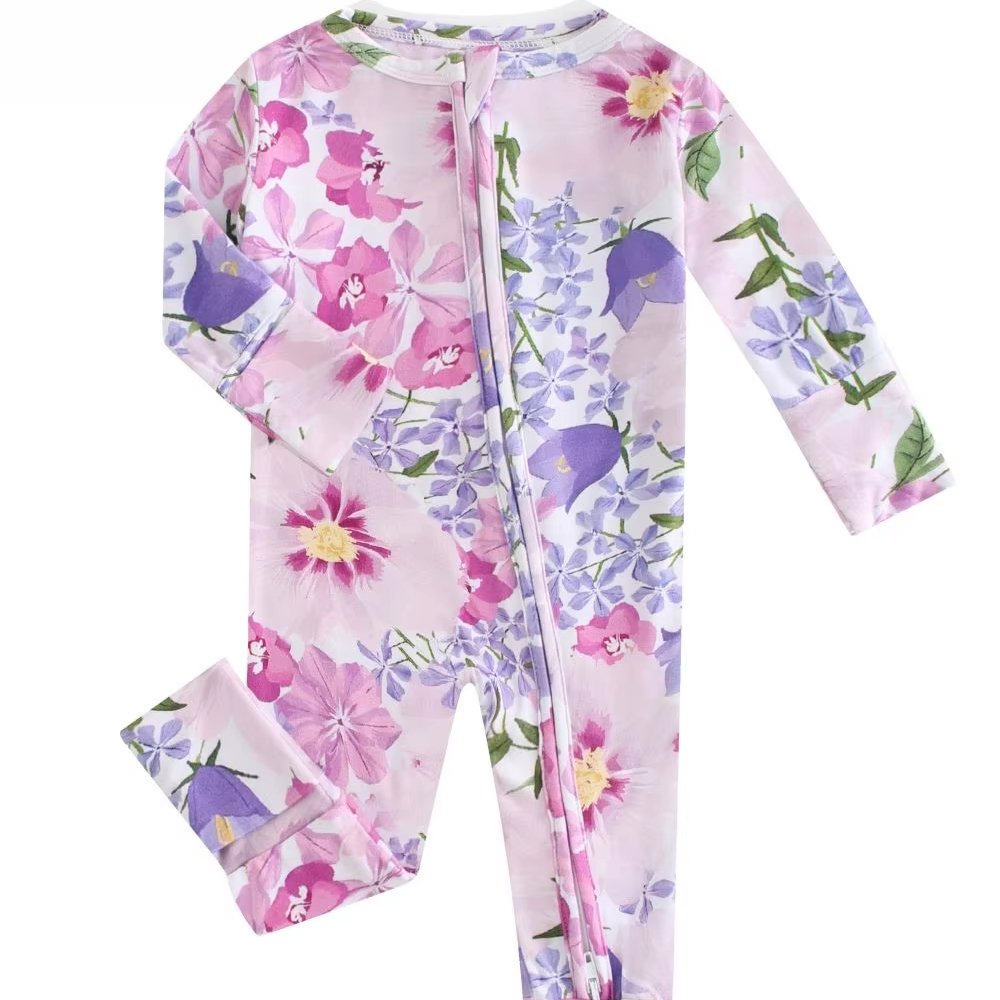 Custom Floral Print Footed Pajamas Pure Cotton Baby Girl Onesie ODM Bamboo Fiber OEKO Certified Fabric Spring Autumn Winter