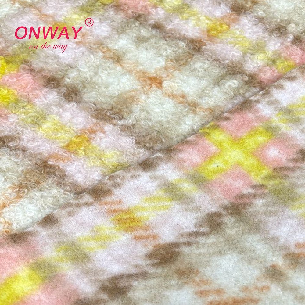 Wholesale custom 100%polyester plaid print knit circle boucle teddy sherpa fleece fabric for women clothes