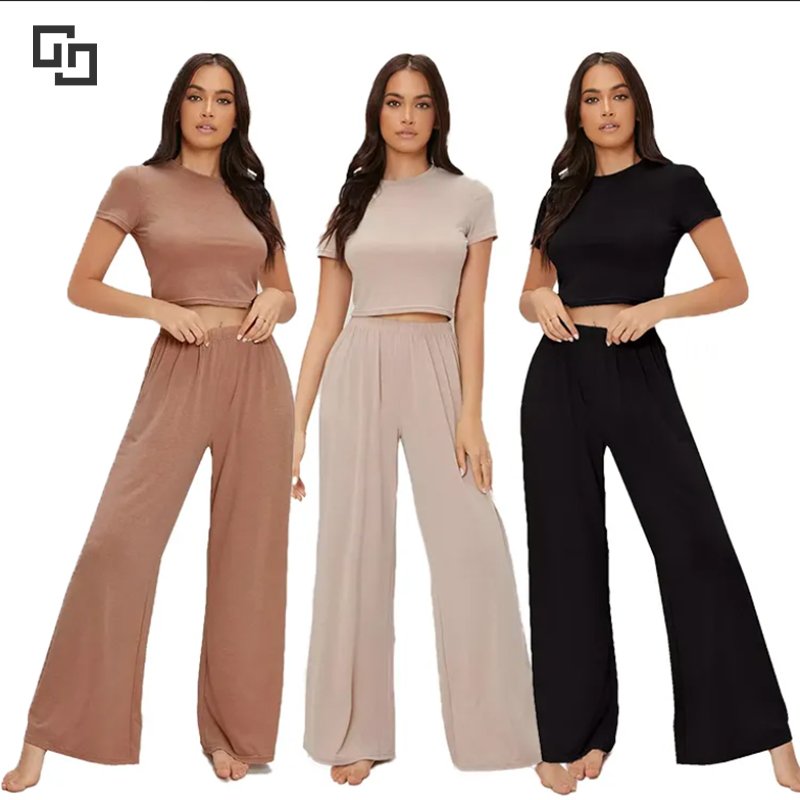 Custom Solid Crew Neck Womens Lounge Wear Soft Crop Top Tee & Pants Bamboo Viscose Loungewear Women Sets Luxury