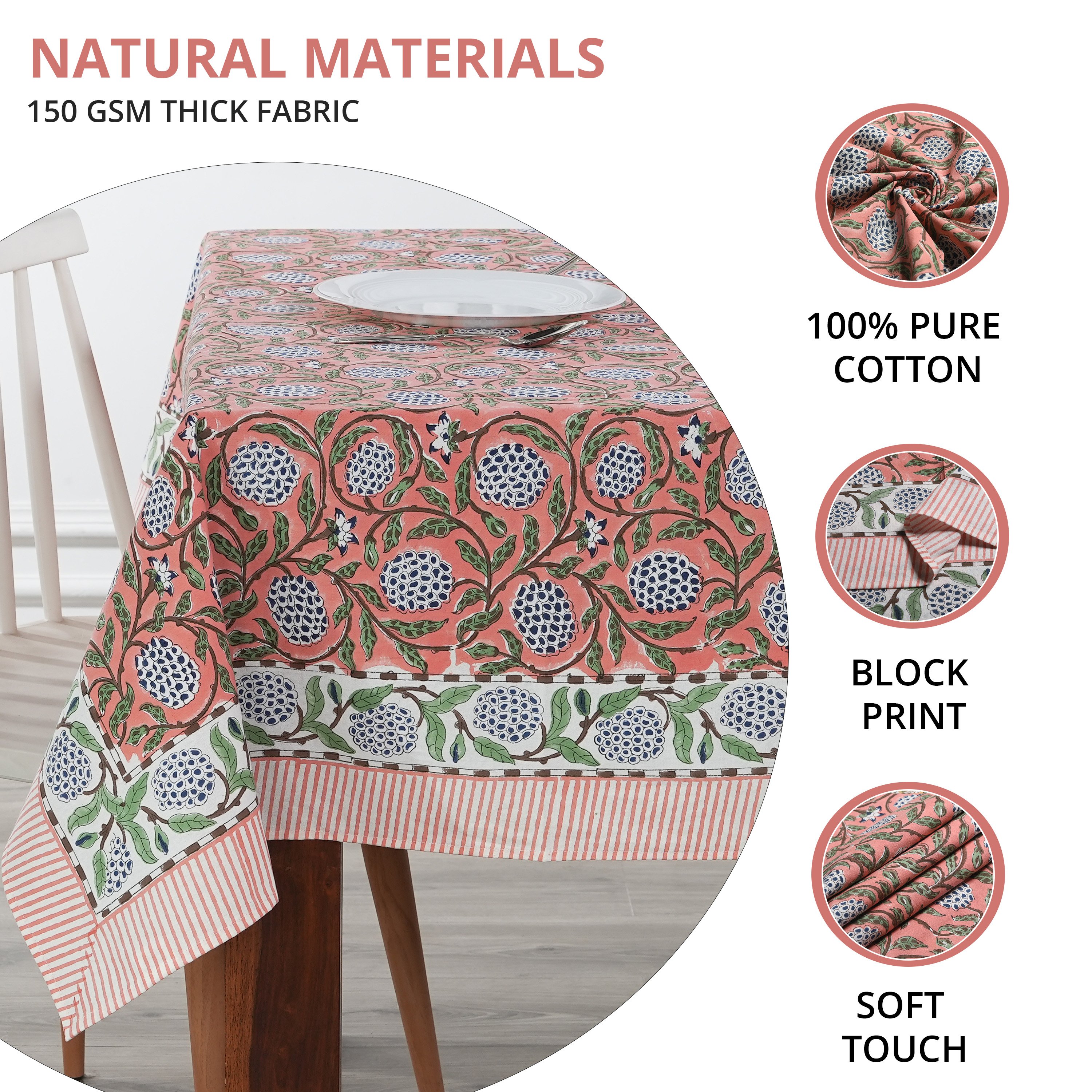 Dark Salmon Pink Sage Green Delft Blue Indian Hand Block Printed Tablecloth Table Cover Linen Set Farmhouse Decor, Wedding