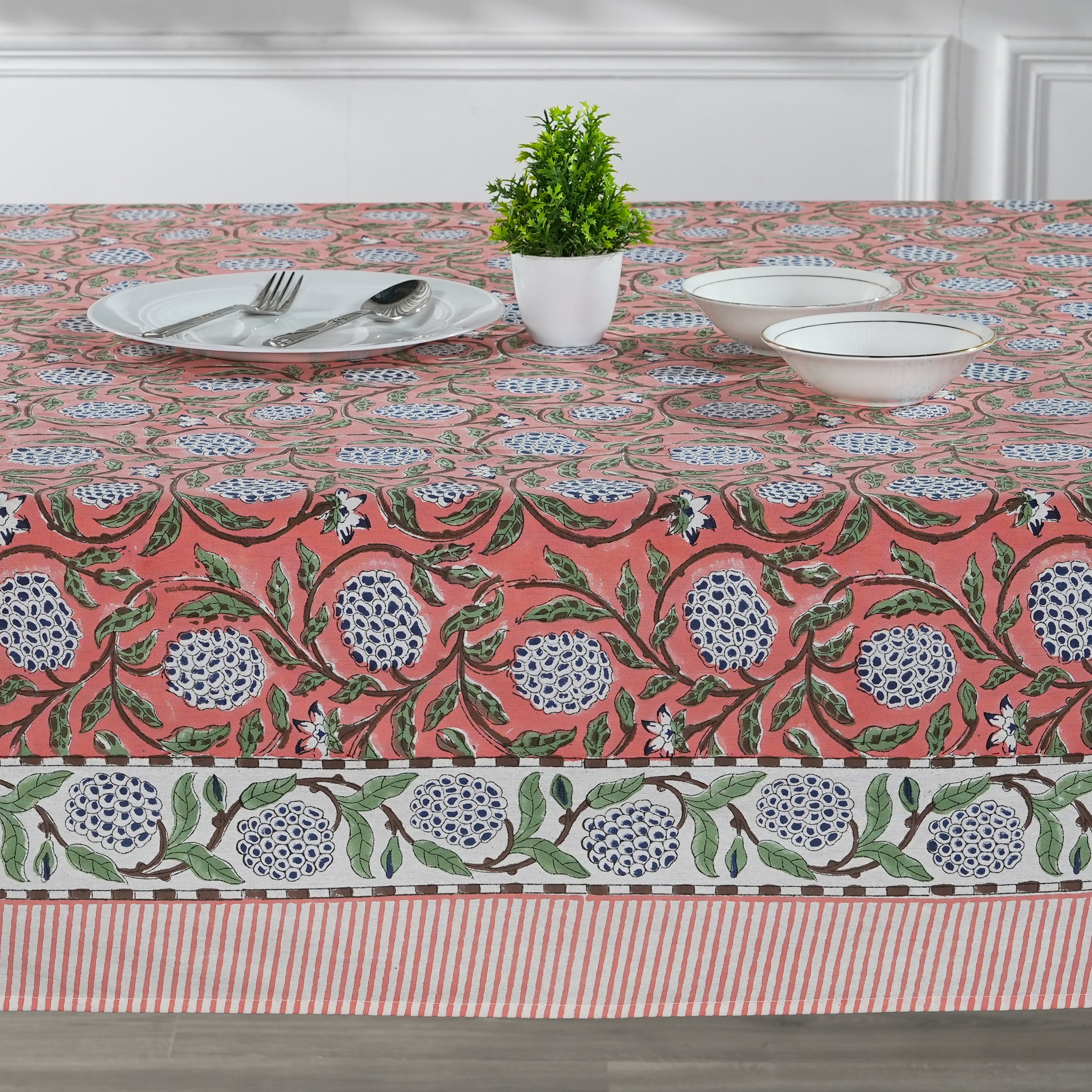 Dark Salmon Pink Sage Green Delft Blue Indian Hand Block Printed Tablecloth Table Cover Linen Set Farmhouse Decor, Wedding