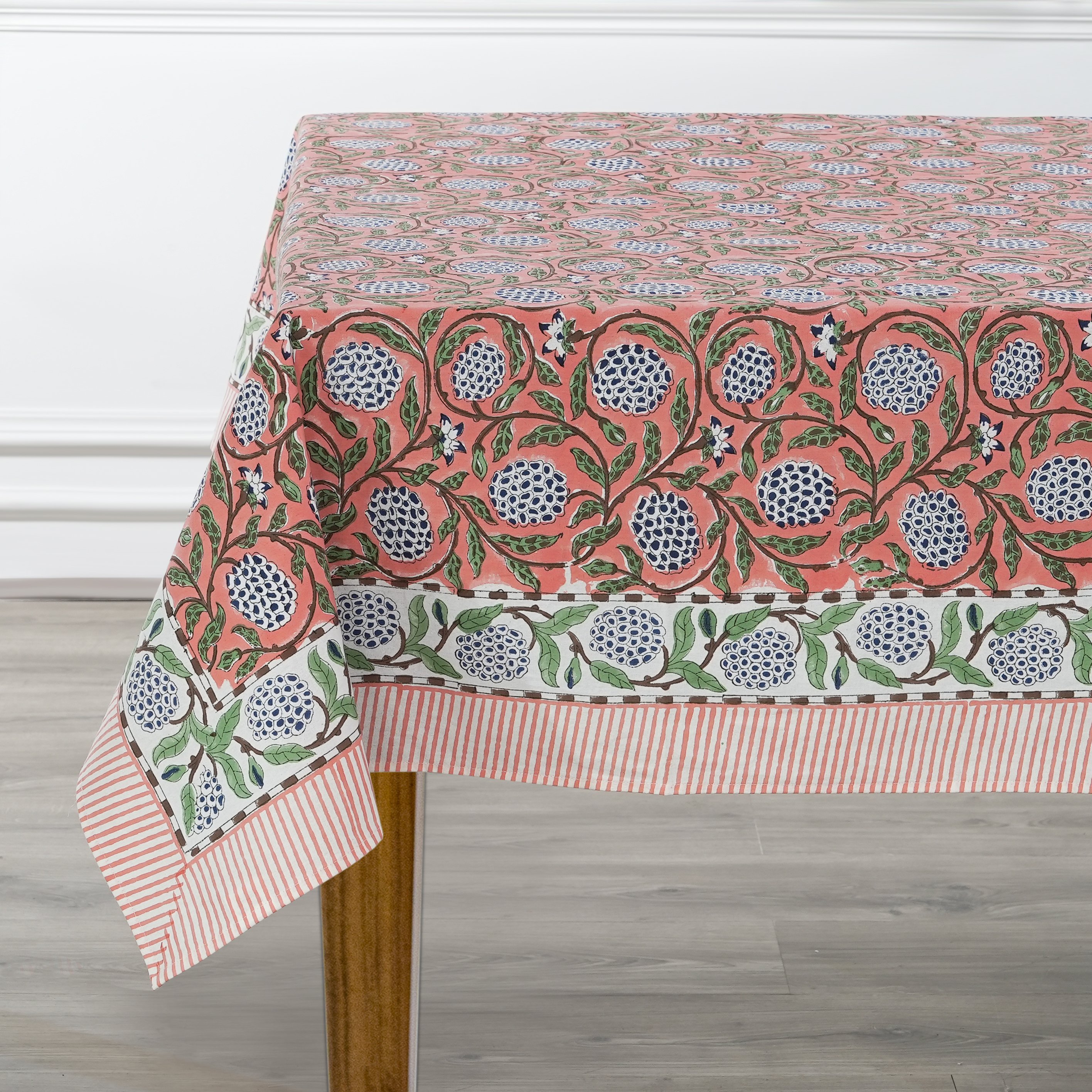 Dark Salmon Pink Sage Green Delft Blue Indian Hand Block Printed Tablecloth Table Cover Linen Set Farmhouse Decor, Wedding
