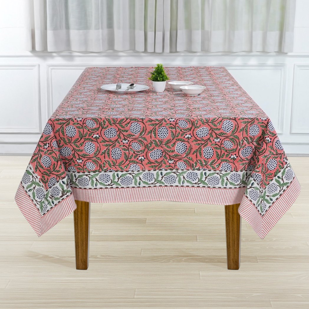 Dark Salmon Pink Sage Green Delft Blue Indian Hand Block Printed Tablecloth Table Cover Linen Set Farmhouse Decor, Wedding