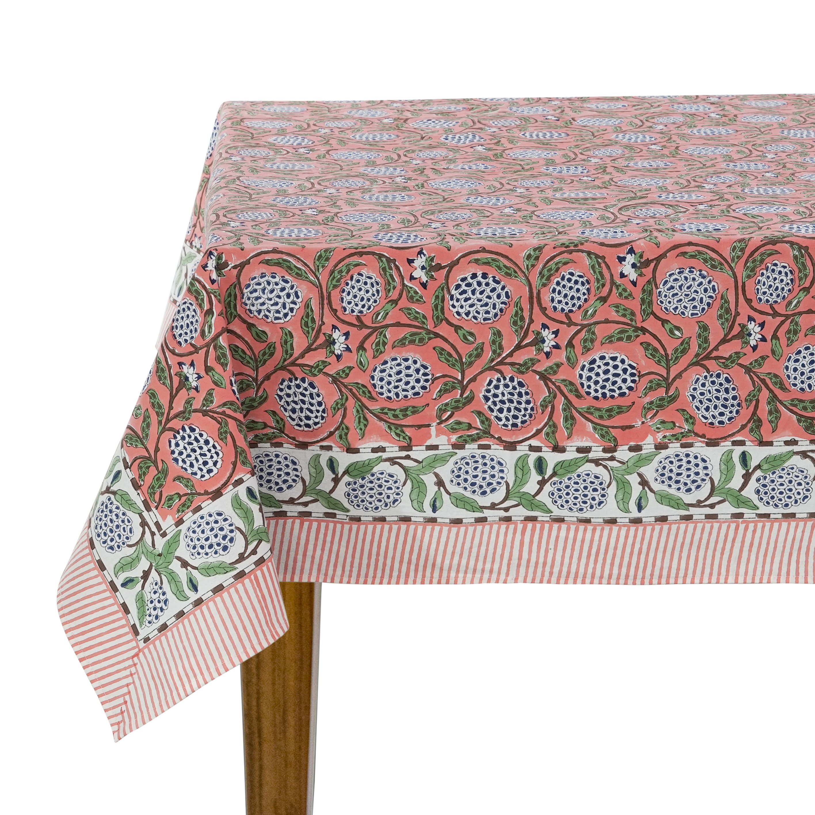 Dark Salmon Pink Sage Green Delft Blue Indian Hand Block Printed Tablecloth Table Cover Linen Set Farmhouse Decor, Wedding