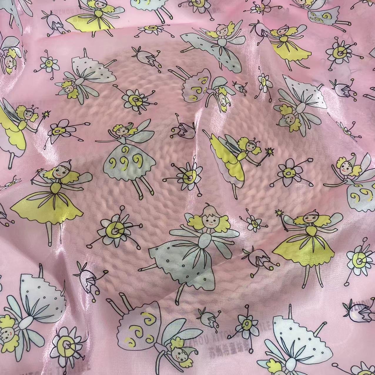 Factory direct sale stock shiny digital printing pink background girls and flowers design shiny liquid organza fabric for kids
