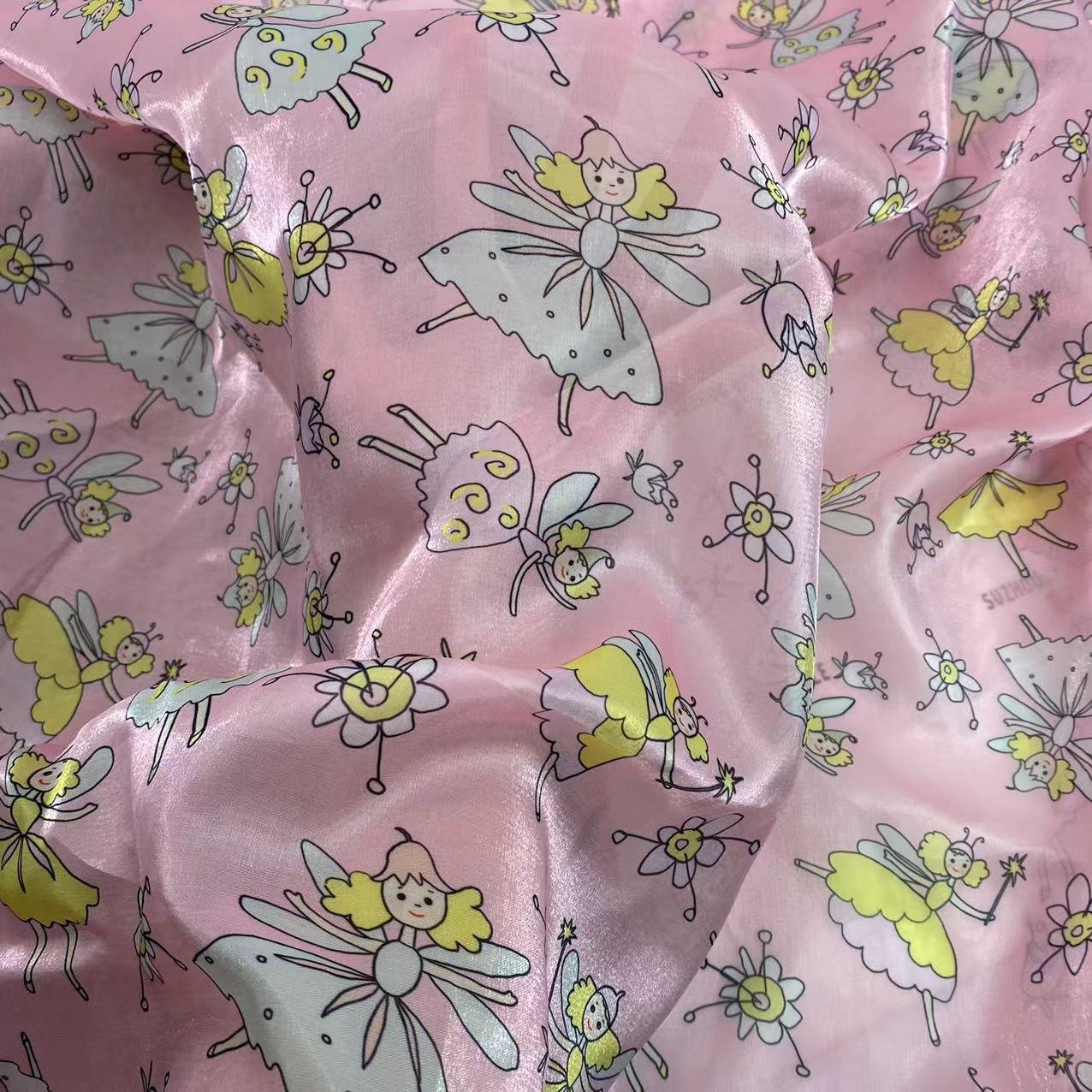 Factory direct sale stock shiny digital printing pink background girls and flowers design shiny liquid organza fabric for kids