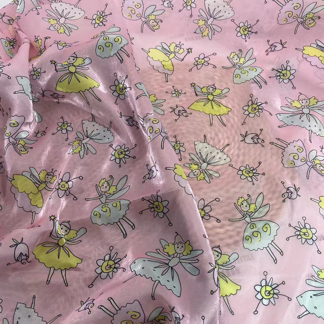 Factory direct sale stock shiny digital printing pink background girls and flowers design shiny liquid organza fabric for kids