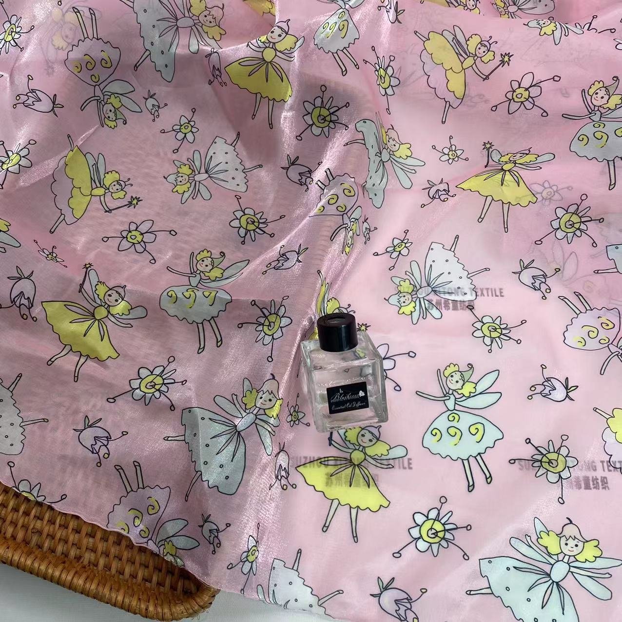 Factory direct sale stock shiny digital printing pink background girls and flowers design shiny liquid organza fabric for kids