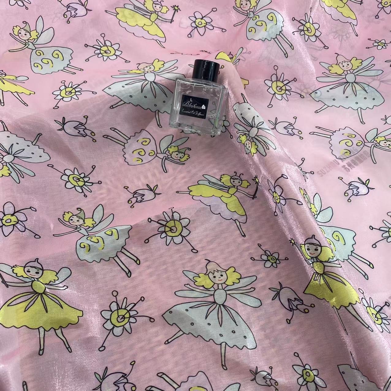 Factory direct sale stock shiny digital printing pink background girls and flowers design shiny liquid organza fabric for kids