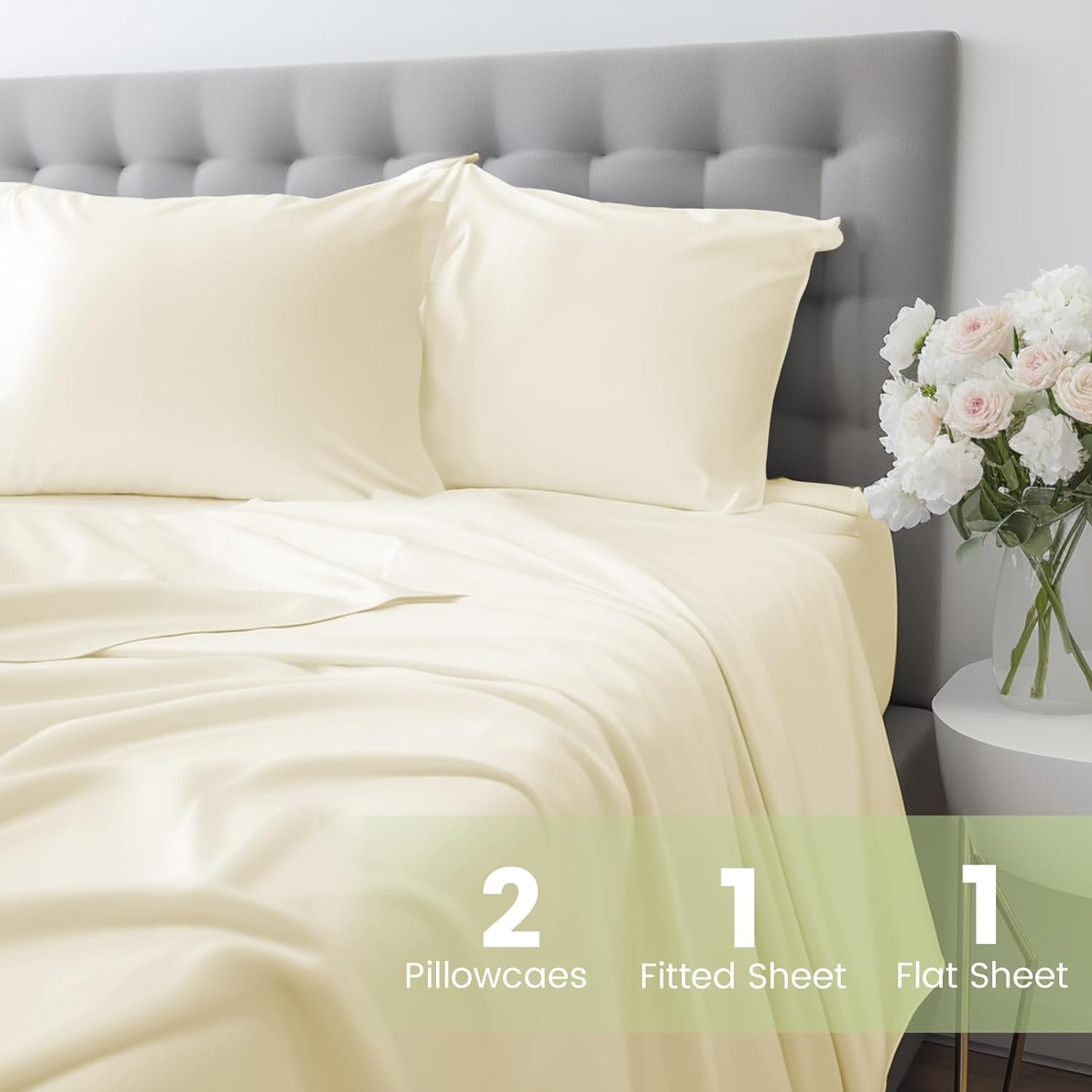 Cloudland Luxury Soft Cotton Bamboo Lyocell Charcoal Queen Size Bed Sheets Set Duvet Cover Set 4 Piece 300 Thread Count