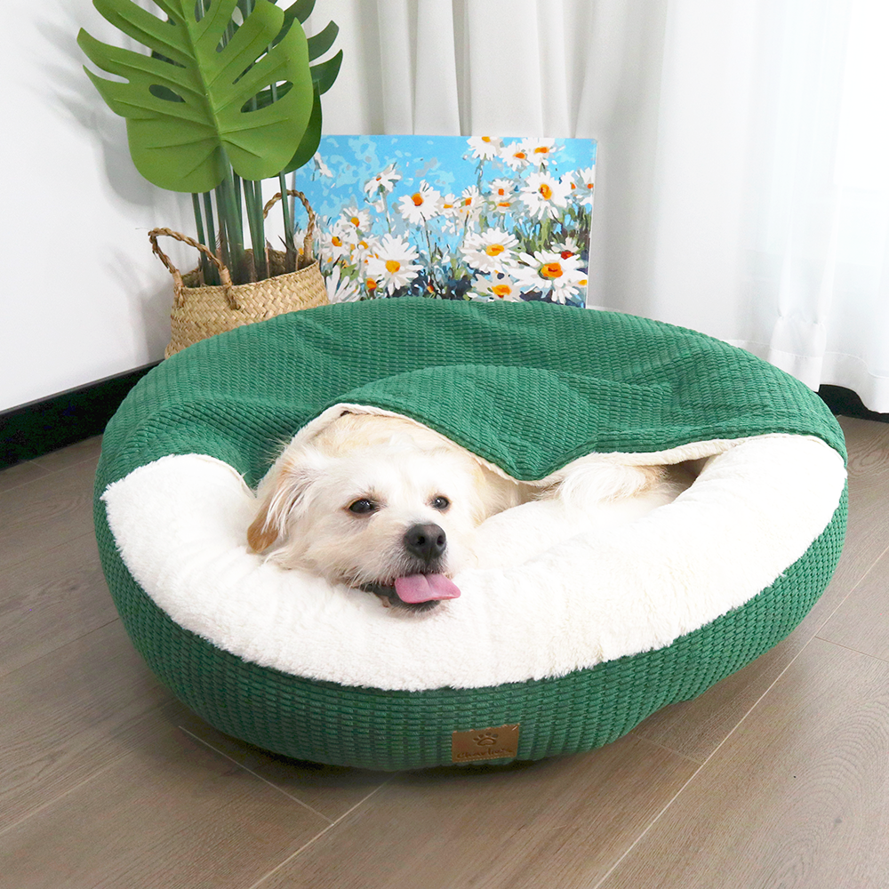 Petopia round fluffy cat dog bed deep sleep cute closed & cave with hooded cove cat bed warm green