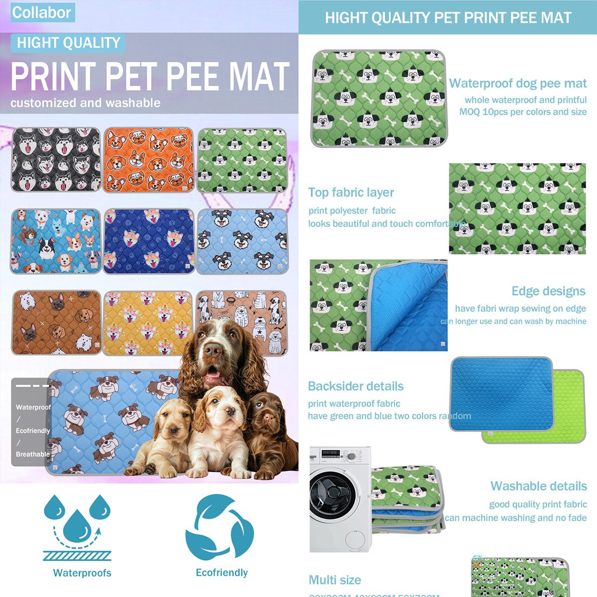 COLLABOR 10 Color Print Stock Reusable Puppy Pee Pad Bamboo Manufacturer Dog Pee And Poo Pads 5 Layer Washable Pee Pad Quick Dry