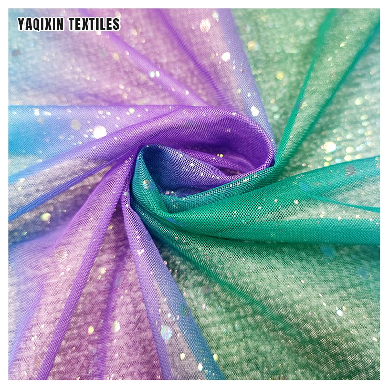 2024 Textile Design Blue Sea Gradient Foil Print Tulle Mesh Fabric with Shiny Glitter Lace Dress Baby Girls Fabric