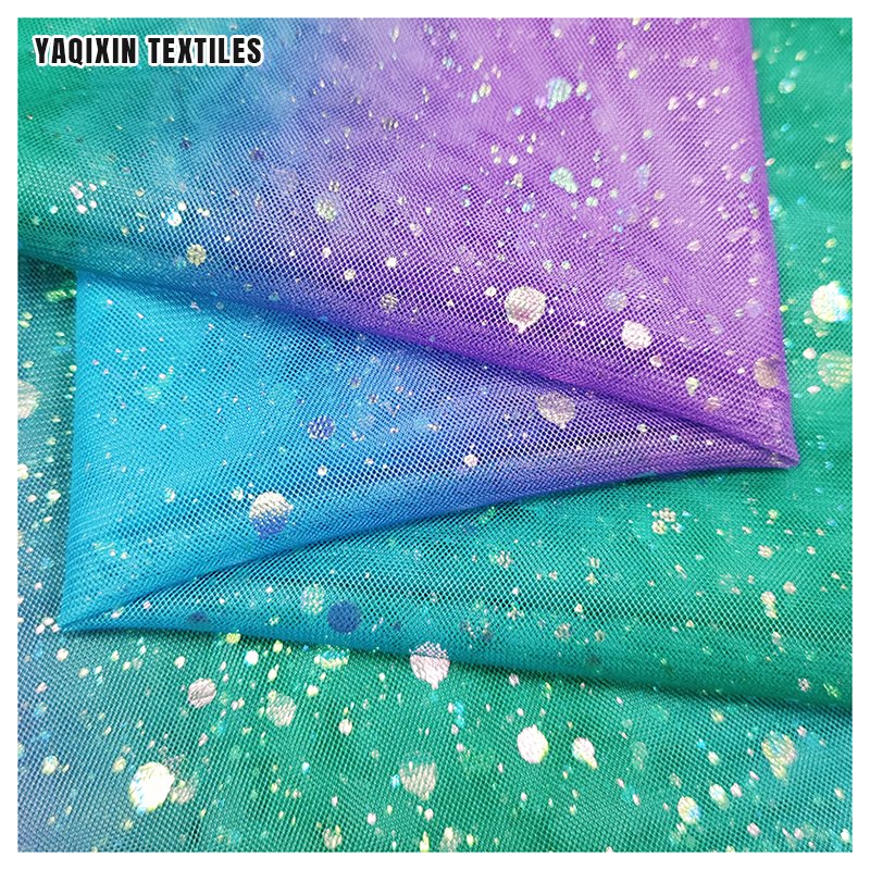 2024 Textile Design Blue Sea Gradient Foil Print Tulle Mesh Fabric with Shiny Glitter Lace Dress Baby Girls Fabric