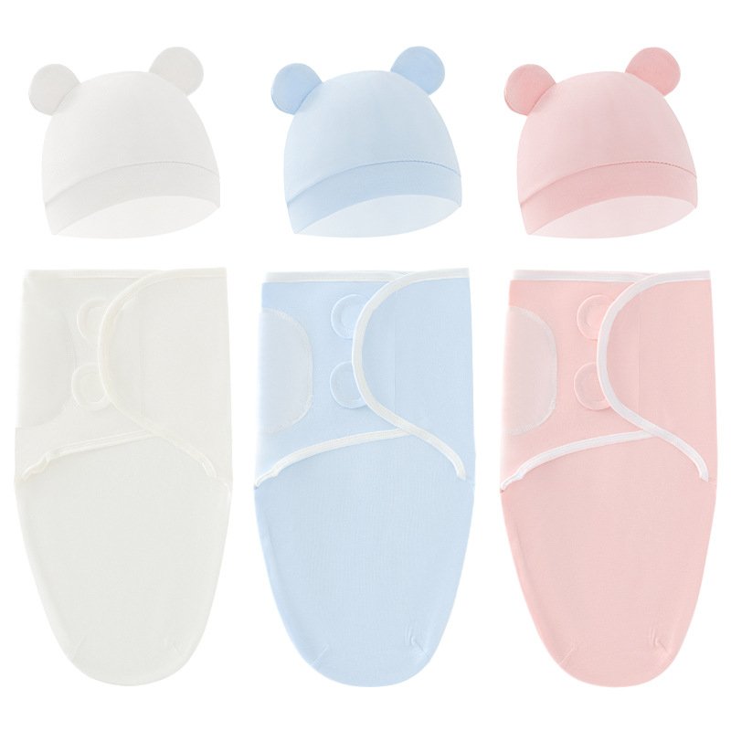 Custom multi use zipper newborn baby sleeping sack hat 2pcs set unisex Receiving Baby Swaddle wrap cotton baby sleeping bag