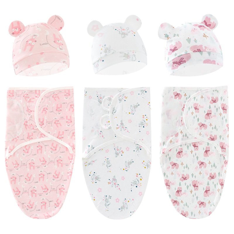 Custom multi use zipper newborn baby sleeping sack hat 2pcs set unisex Receiving Baby Swaddle wrap cotton baby sleeping bag