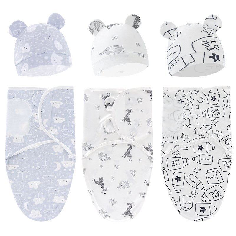 Custom multi use zipper newborn baby sleeping sack hat 2pcs set unisex Receiving Baby Swaddle wrap cotton baby sleeping bag