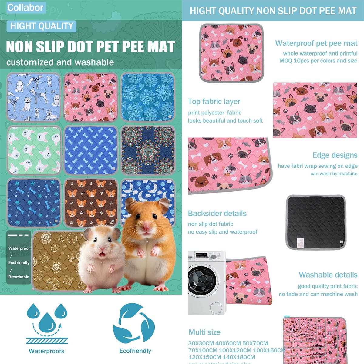 COLLABOR Washable Pee Pads Design For Hamster Reuseable Non Slip Reusable Puppy Pee Pads Bamboo Leak-Proof Pee Pad Carboni Xxxl