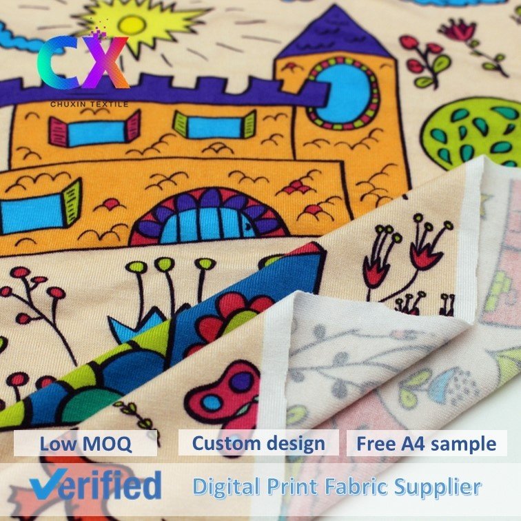 2024 Best seller little cartoon house flower butterfly jersey knit custom digital print bamboo fabric for kids clothes