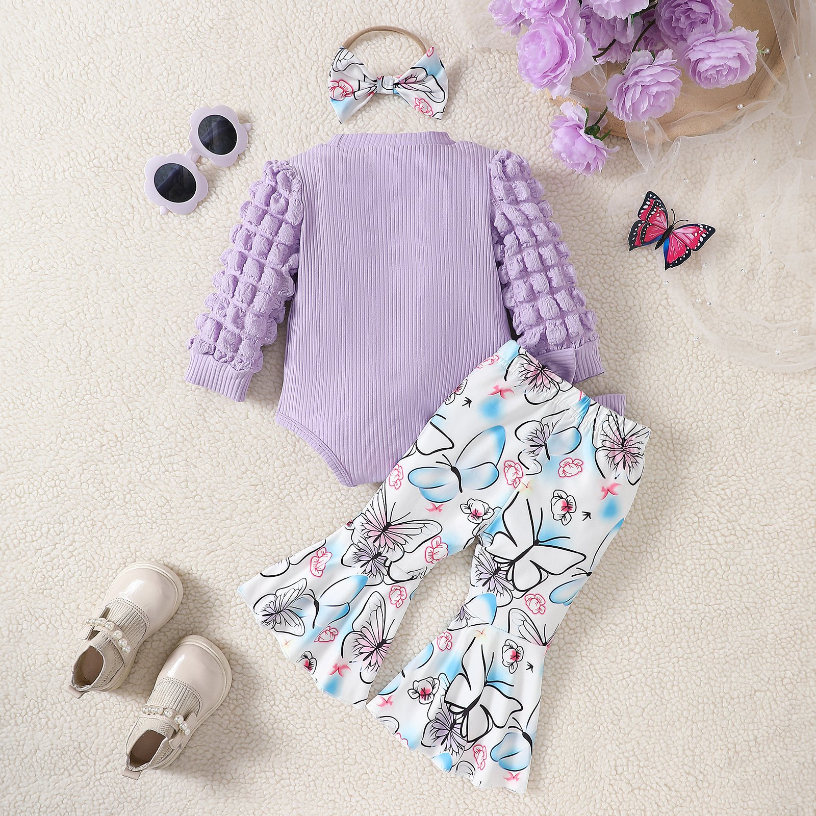 Customized Christmas day and thanksgiving day 3-Piece Baby Girls' Casual Solid Style Clothing Set Romper Shorts Bowknot Headband