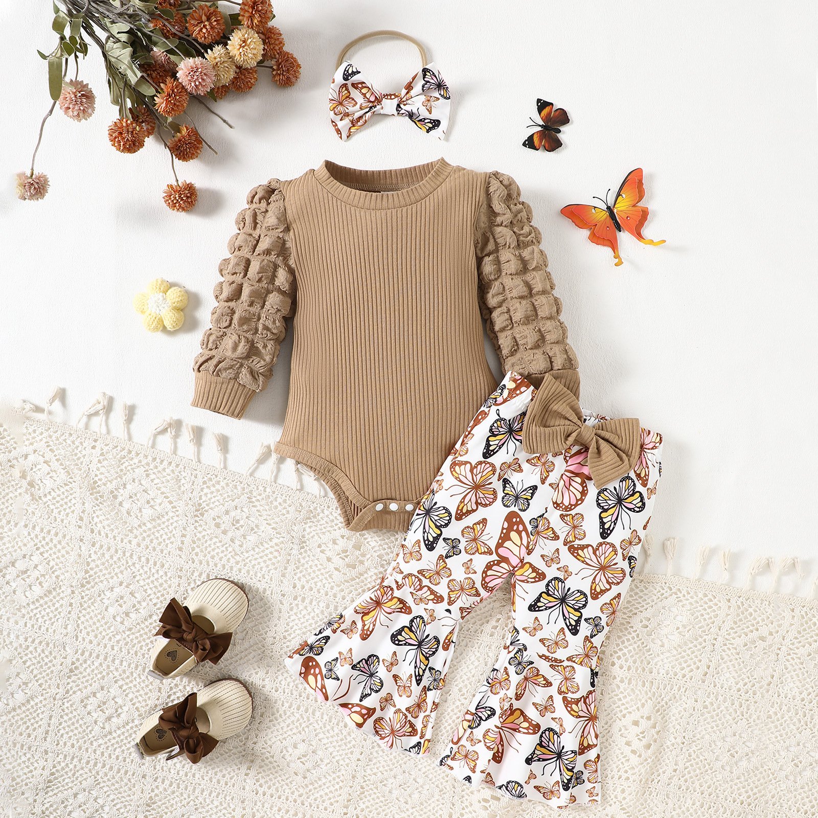 Customized Christmas day and thanksgiving day 3-Piece Baby Girls' Casual Solid Style Clothing Set Romper Shorts Bowknot Headband
