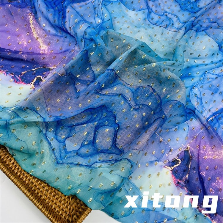 100% polyester woven fabric wholesale printing metallic dot chiffon jacquard fabric with lurex fabric for clothing women