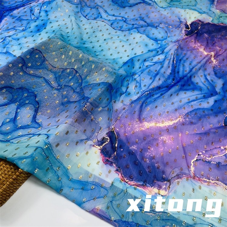 100% polyester woven fabric wholesale printing metallic dot chiffon jacquard fabric with lurex fabric for clothing women