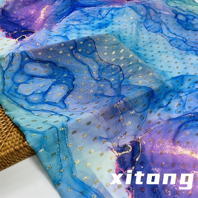 100% polyester woven fabric wholesale printing metallic dot chiffon jacquard fabric with lurex fabric for clothing women