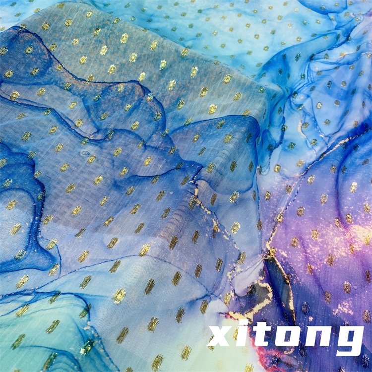 100% polyester woven fabric wholesale printing metallic dot chiffon jacquard fabric with lurex fabric for clothing women