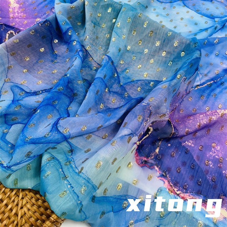 100% polyester woven fabric wholesale printing metallic dot chiffon jacquard fabric with lurex fabric for clothing women