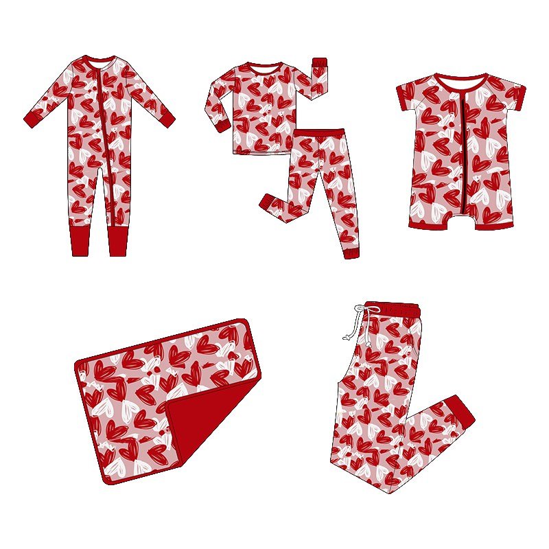 Hot Sale Bamboo clothes Custom Print Infant Pajamas Sets Soft Breathable Baby clothes Zipper Baby Rompers for Valentines