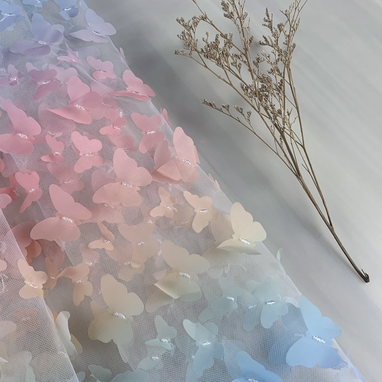 2022 New designed hot sale 3d flower lace fabric 100% polyester 2 way stretchy mesh butterfly light fabric