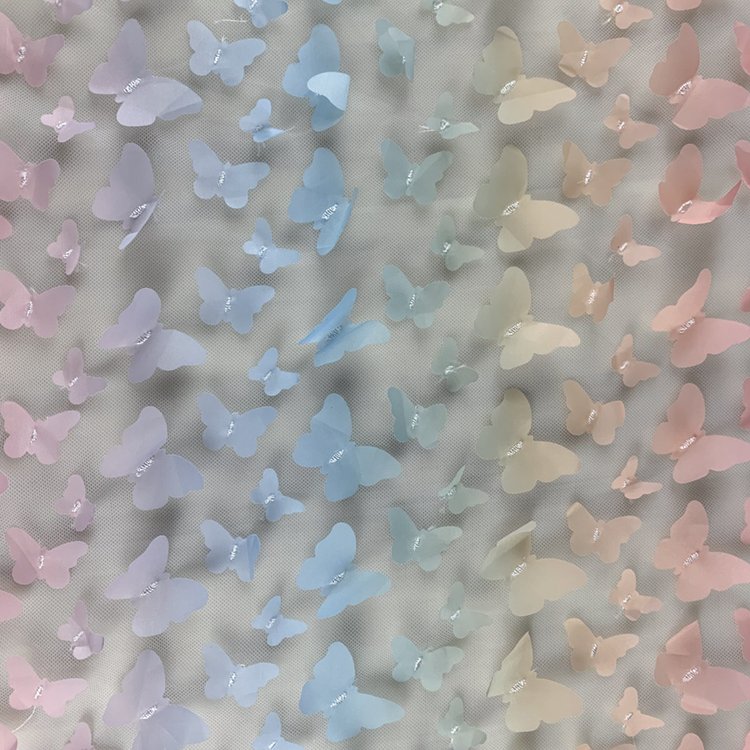 2022 New designed hot sale 3d flower lace fabric 100% polyester 2 way stretchy mesh butterfly light fabric