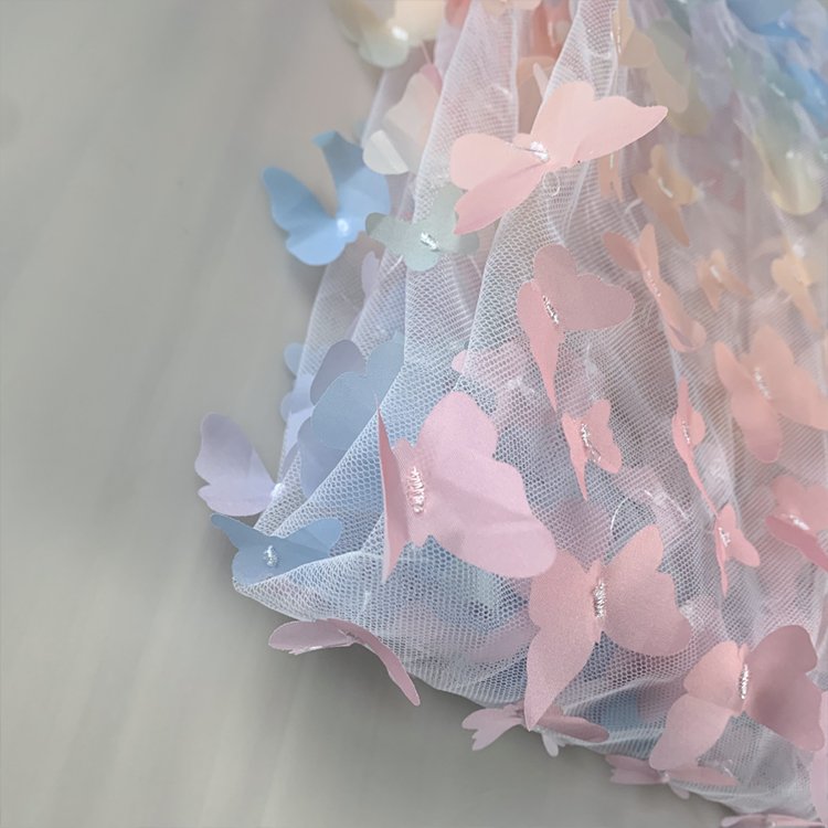 2022 New designed hot sale 3d flower lace fabric 100% polyester 2 way stretchy mesh butterfly light fabric