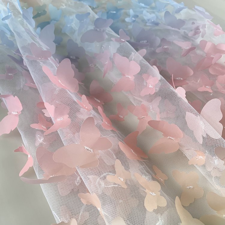 2022 New designed hot sale 3d flower lace fabric 100% polyester 2 way stretchy mesh butterfly light fabric