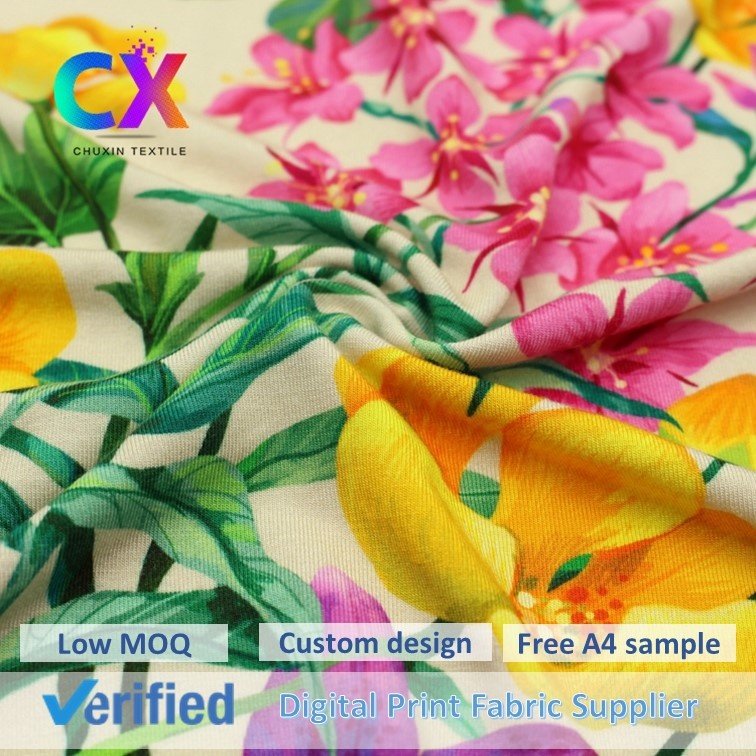 Custom design flower blossom stretch digital printing weft knit 100% bamboo microfiber jersey fabric for kids pajama